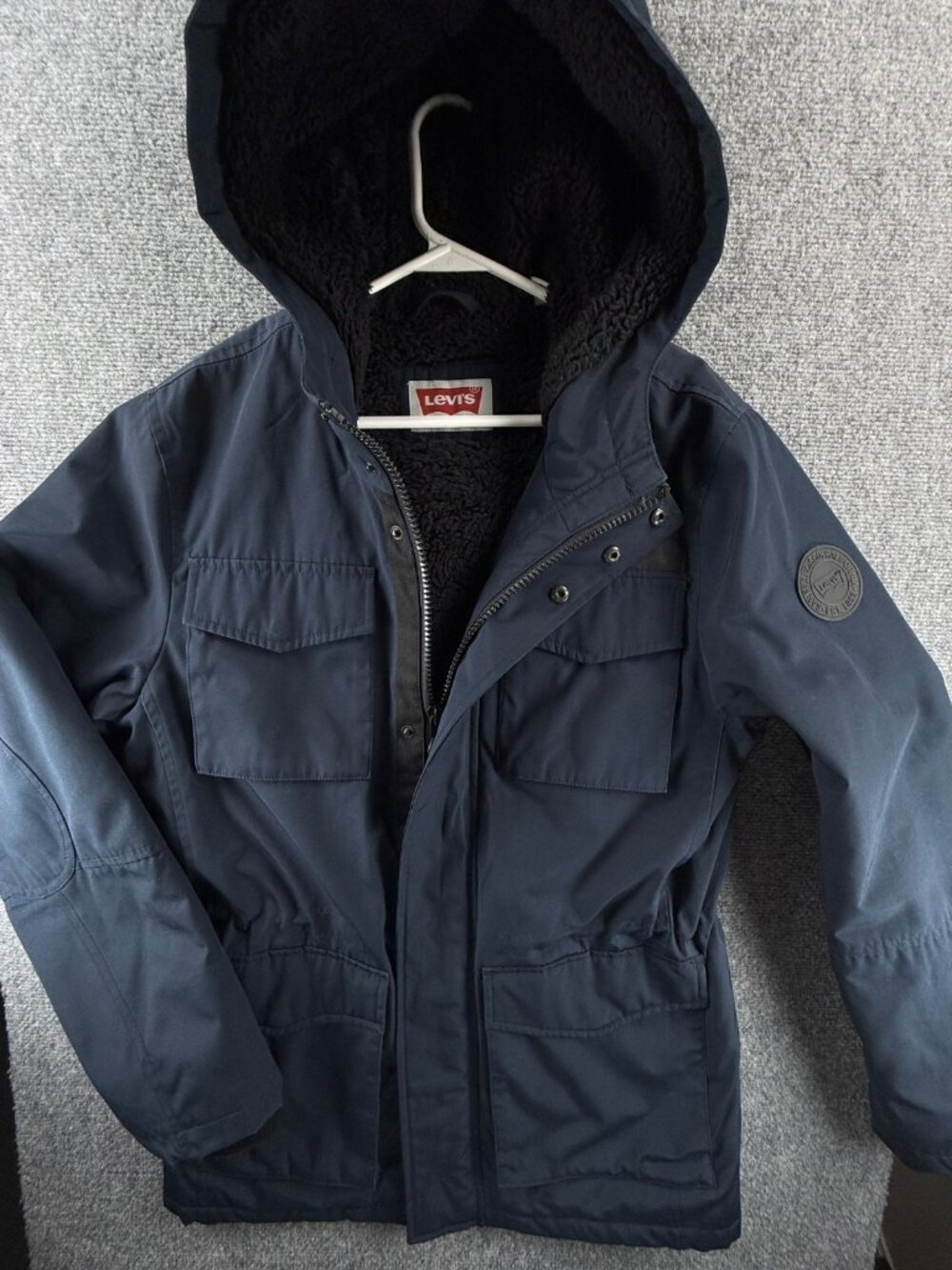 Levis Sherpa Fleece Lined Winter Jacket Blue Cinch Small Insulated Hooded Zip